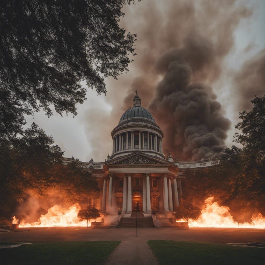 take a shot with 16mm f2.8 lens of a park with a background of a city building on fire with smoke make the building and ...