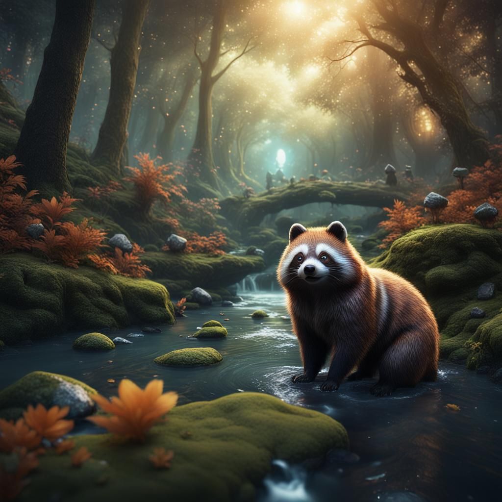 Mystical Tanuki Spirit in Forest River scene Tanuki main foc...
