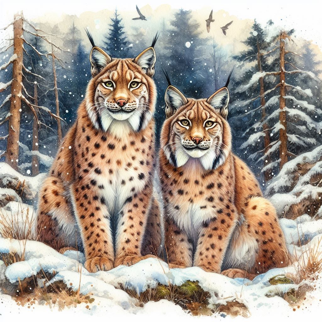 Lynx in the winter forest, bobcat