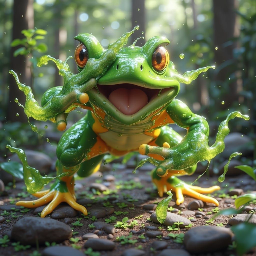 <lora:Fantasy Creatures:1.0> A Poison/Fighting-type frog Pokémon secreting toxic mucus and using martial arts moves, in the style of cartoo...