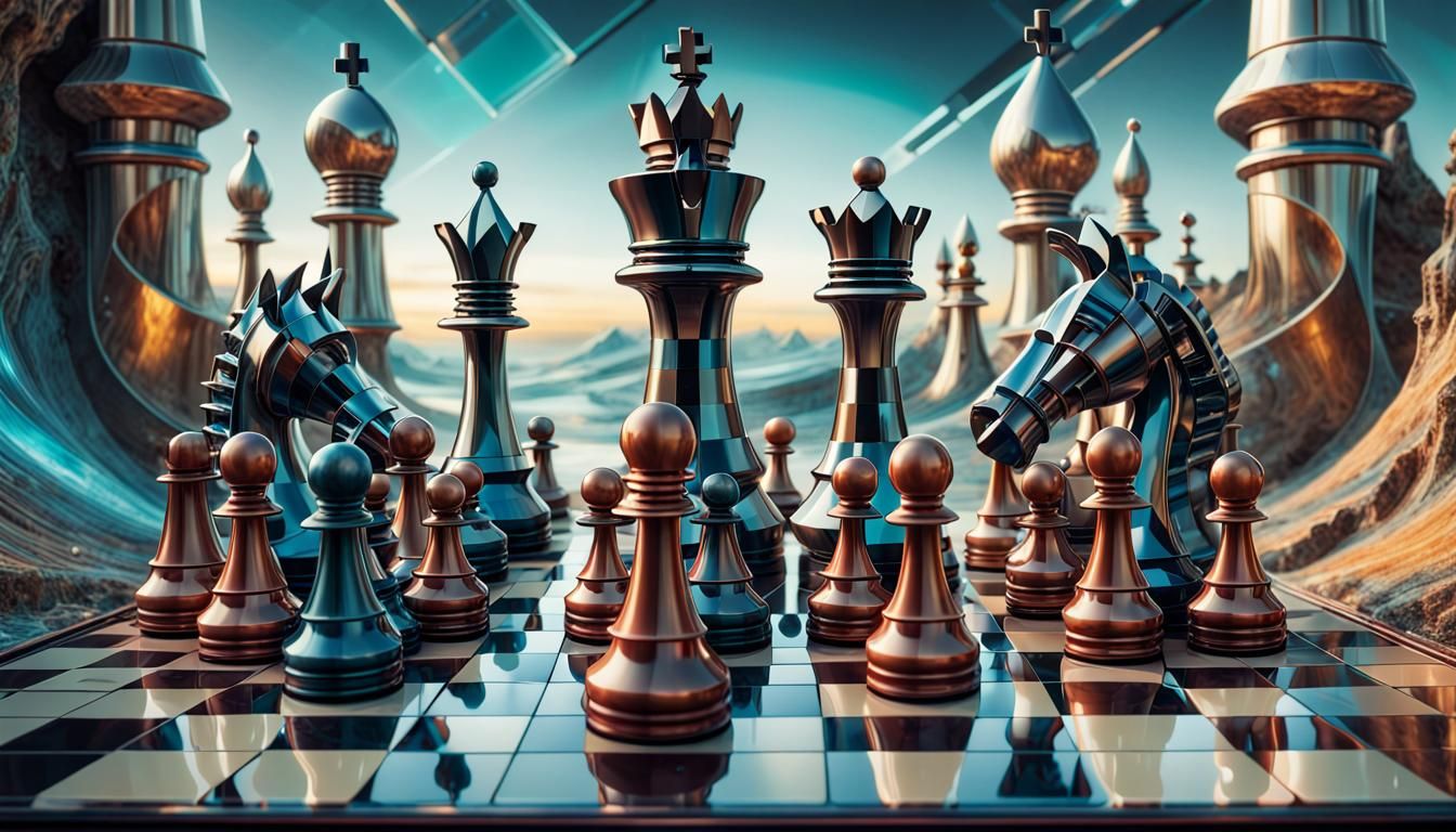 Greg Rutkowski-style futuristic chessboard portrait