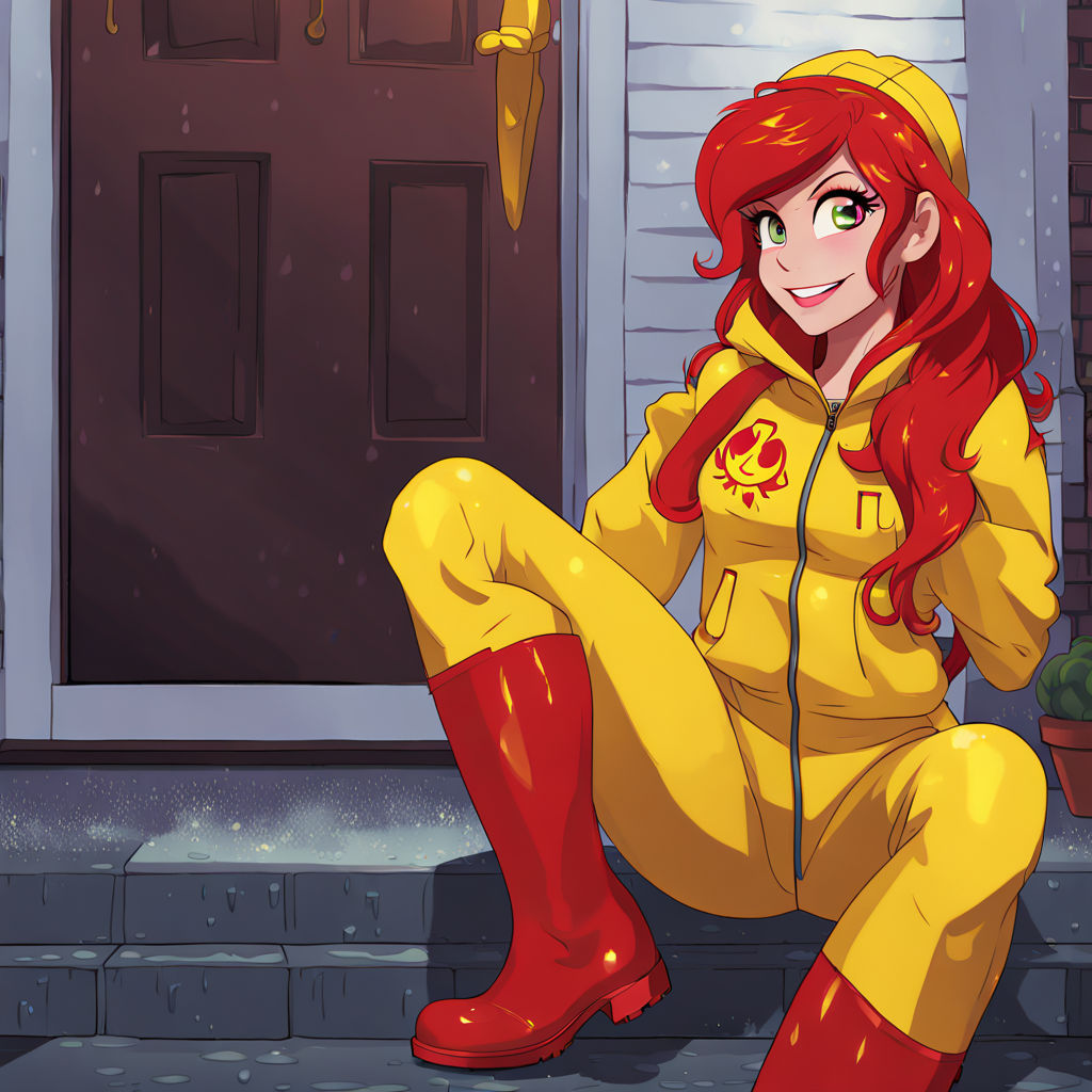 Human Sunset Shimmer wearing a rain-suit