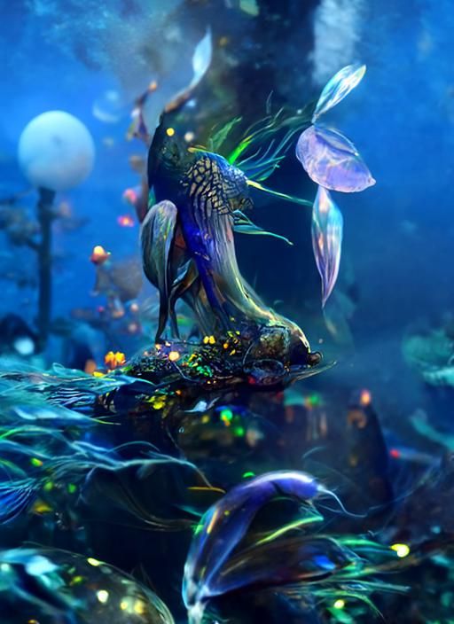 Dreamy underwater scene; watery; iridescent opalescent fish;...