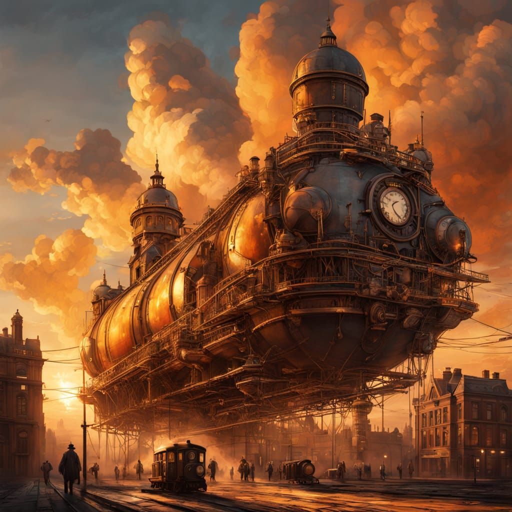 Steampunk Airship Over London With Steam Engines