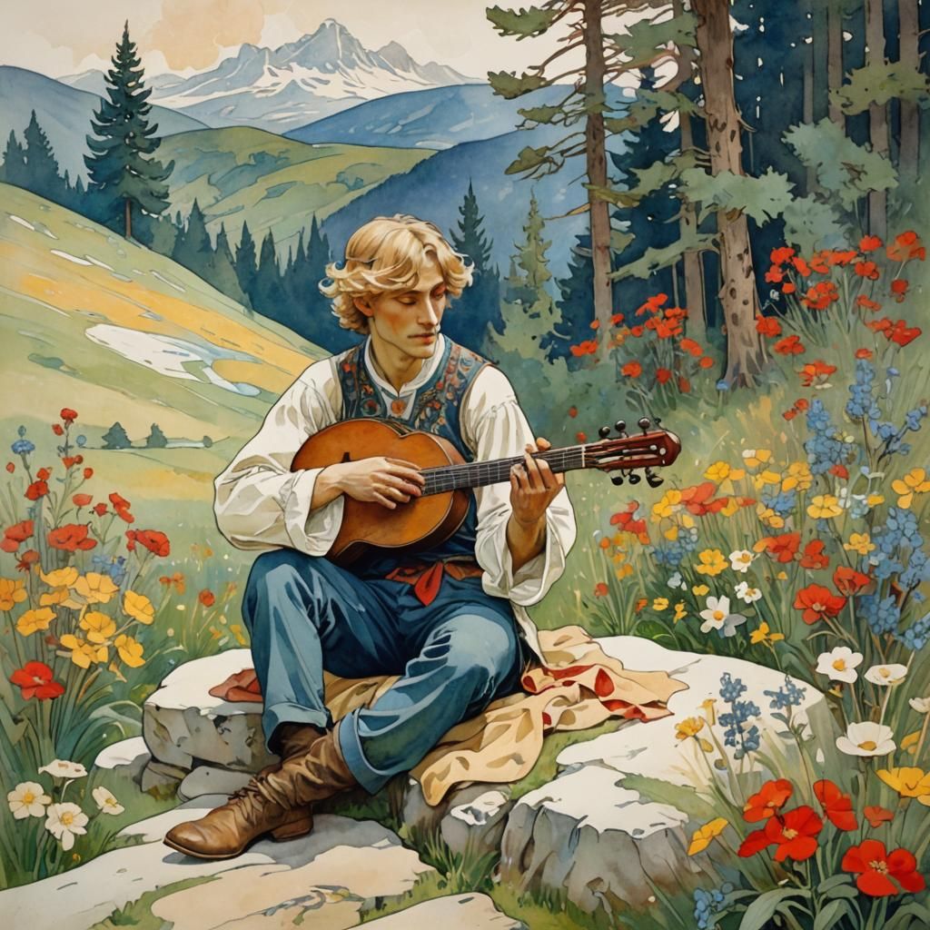 Man in Meadow with Zither, Alphonse Mucha Style