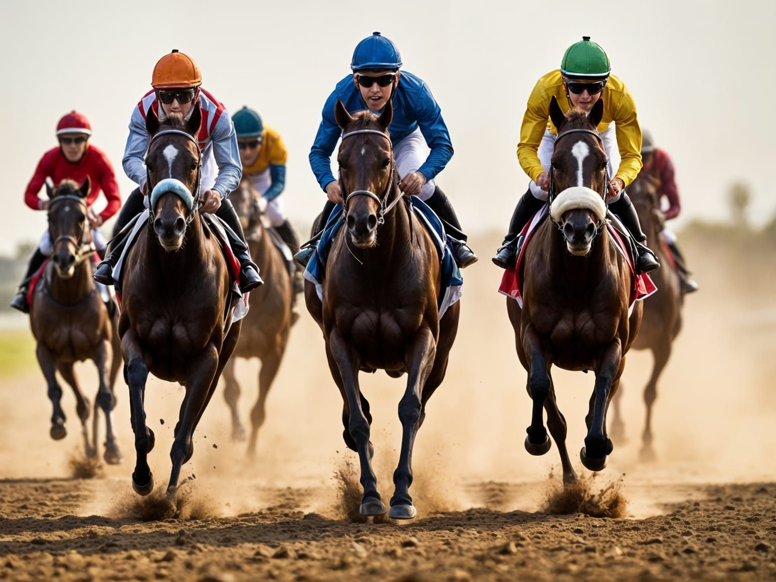 The Video shows a group of racehorses and jockeys in the middle of a horse race. The horses are galloping at full speed ...