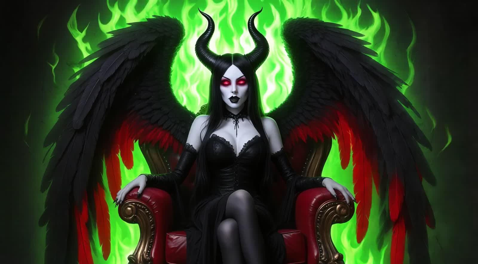 Hyperrealistic Gothic Angel sitting on a thrown, with angel wings that are black with red tips, Long black hair,  horns ...
