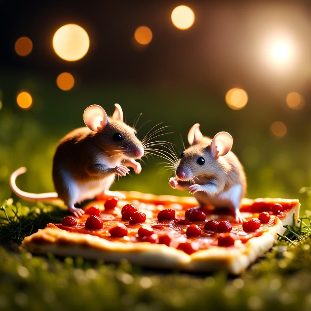 Photograph, Macro, mice love to eat square pizza on the meadow, depth