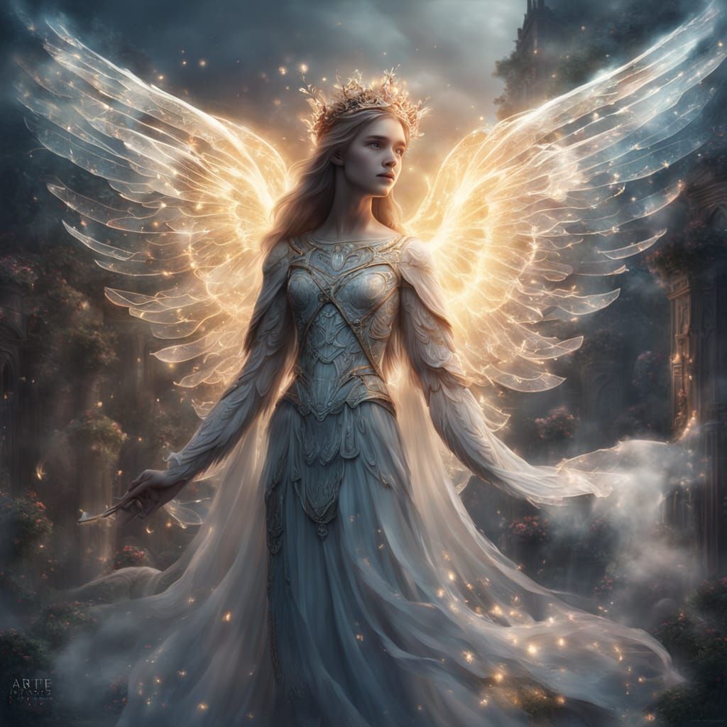 Imagine a beautiful angel. Her ethereal figure is adorned with delicate. The angel is translucent and ...  by @Elviira 