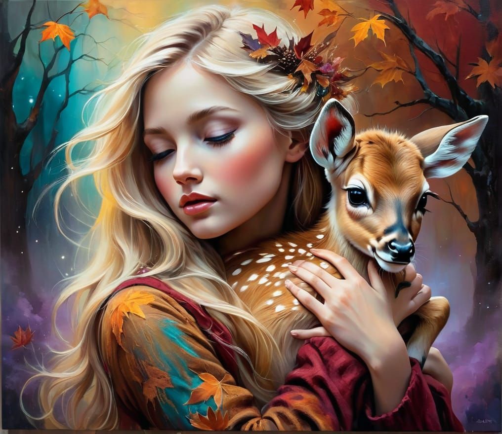 A beautiful girl with flowing blonde hair holds a baby fawn in her arms