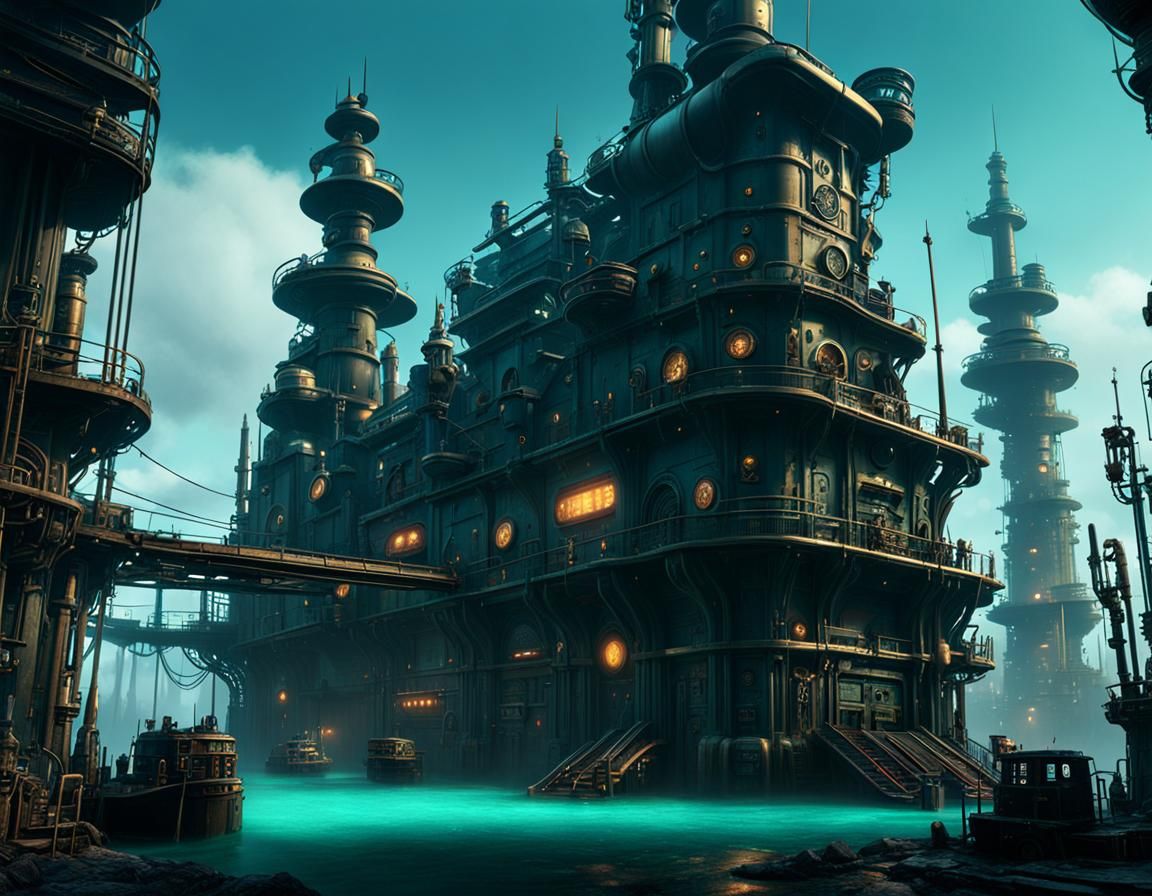 underwater city, murky, mysterious, dieselpunk, cyberpunk, steampunk ...