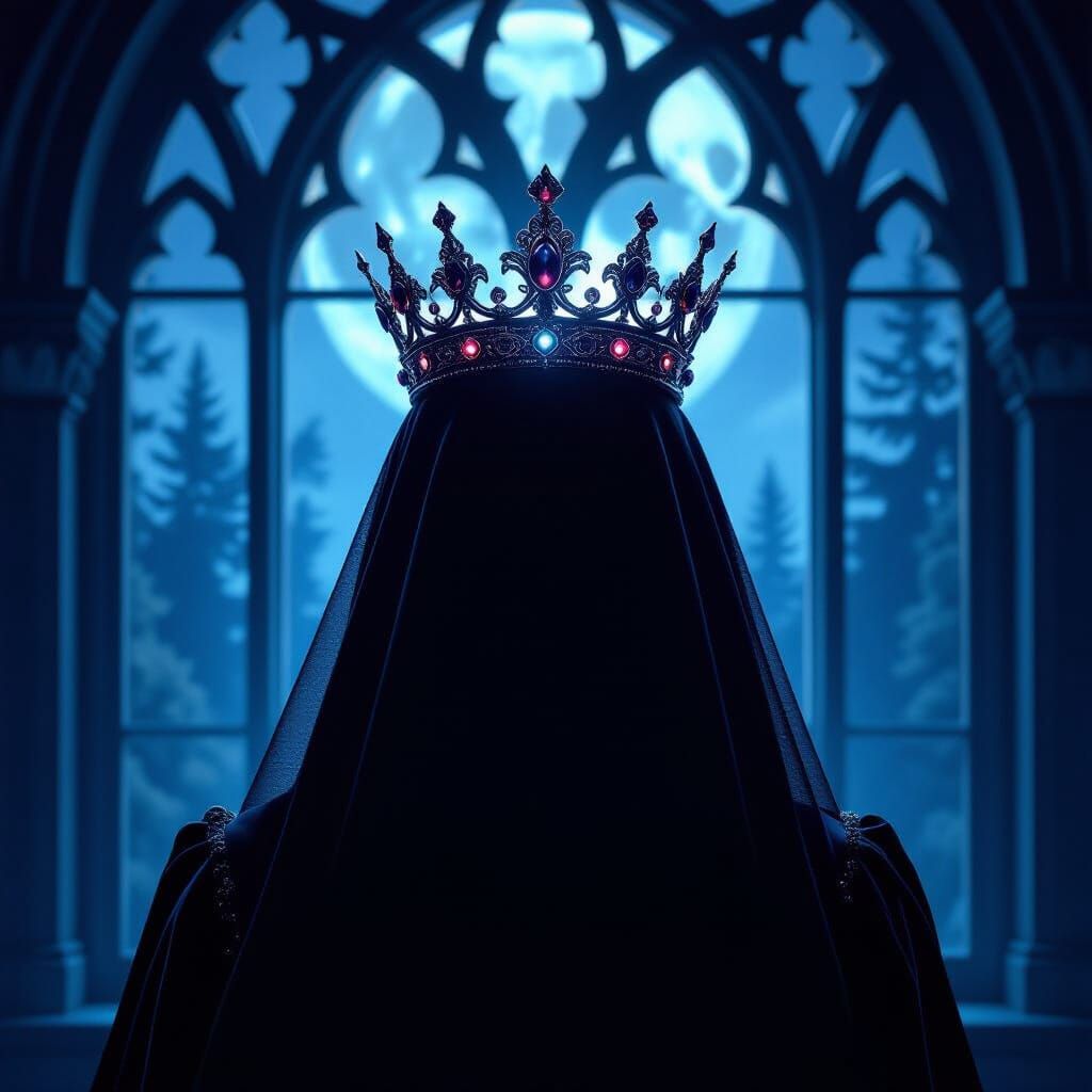 A regal queen, her face obscured by shadow, wears an intricate, jeweled crown that pulses with soft, ...  by @RIYA