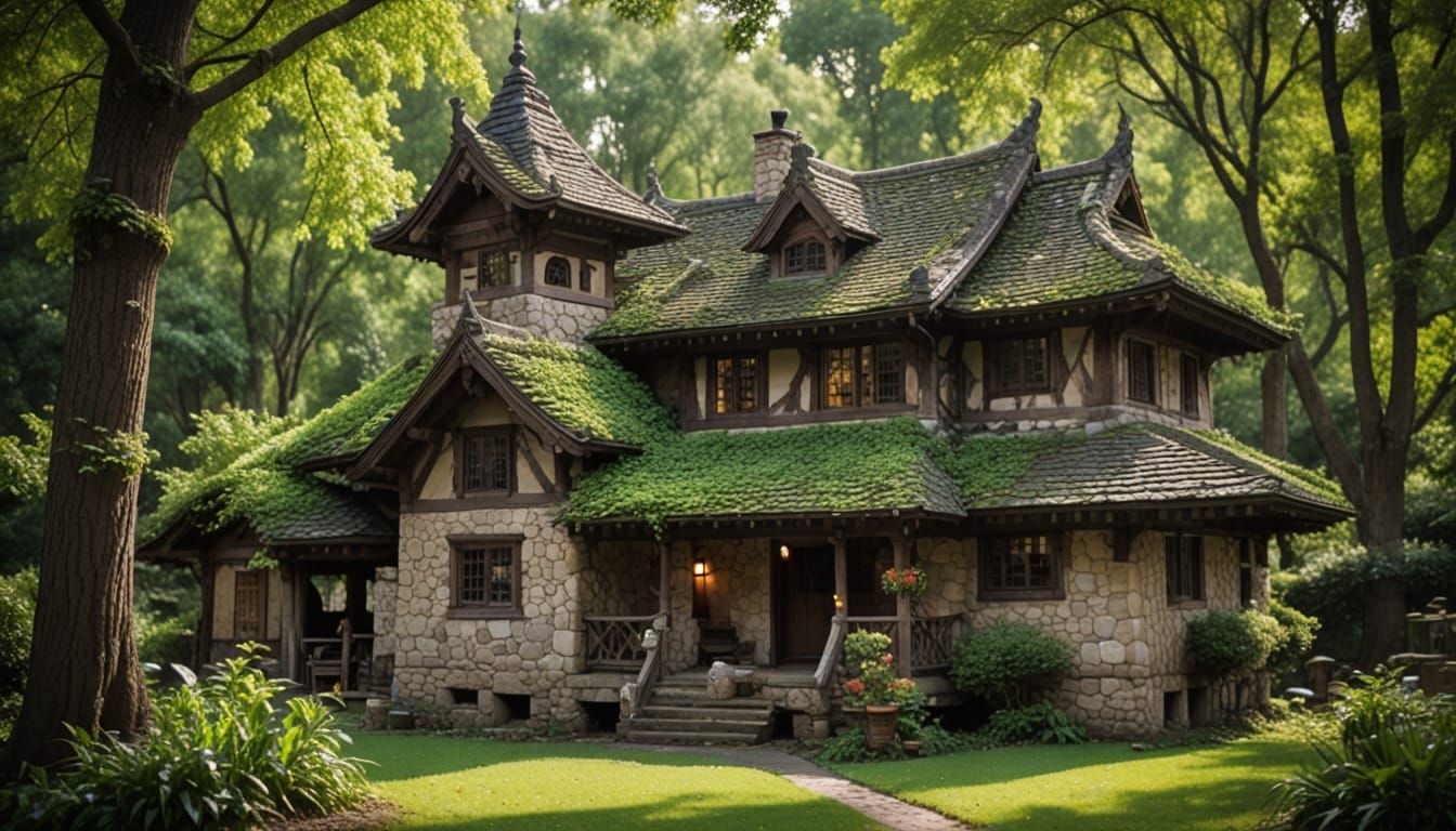 a fancy stone and half-timbered house