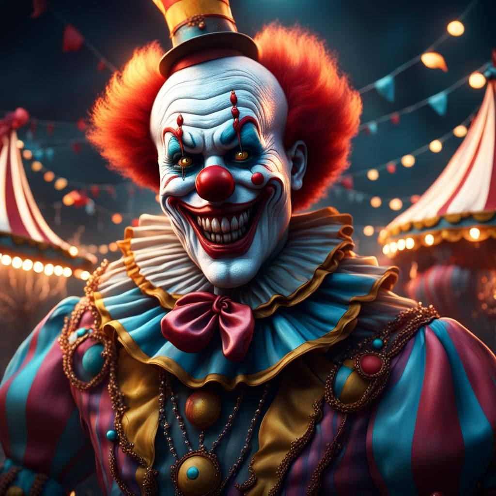 A carnival with scary clowns everywhere with an uncomrtable ...