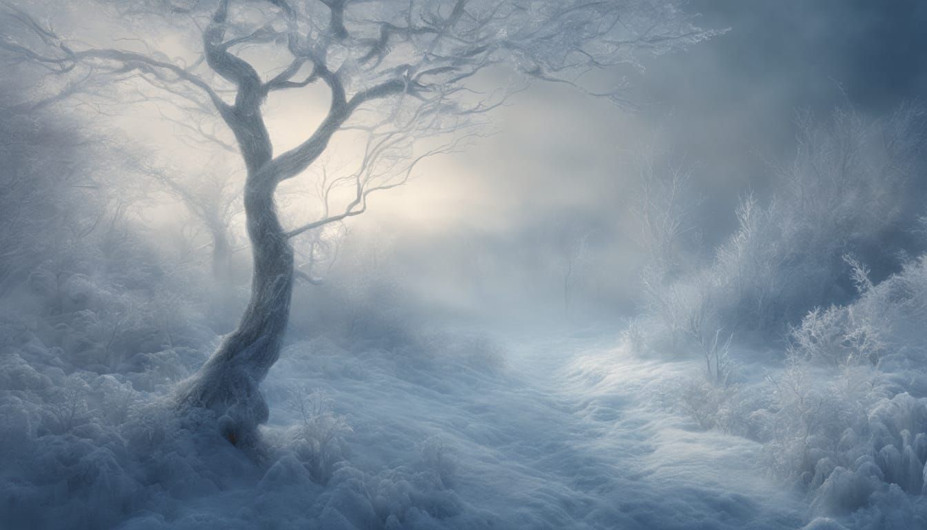 Jack Frost féerique, ethereal fantasy hyperdetailed mist Thomas Kinkade