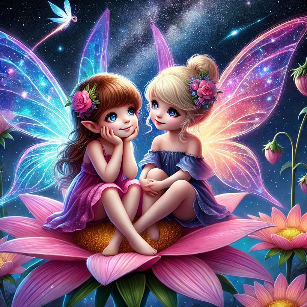 Two cute fairies sitting in a flower