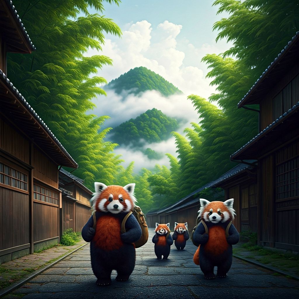 A group of whimsical red pandas walking down a street towards the camera in Japan with backpacks over their shouldes. Lush Bamboo forests li...