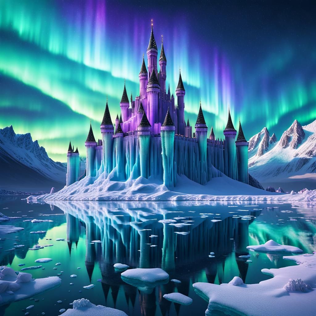 Majestic Ice Castle Under Aurora Borealis Display