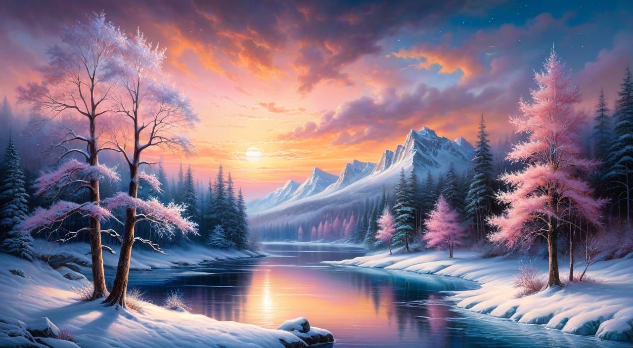 A grand scale mural showcasing a tranquil winter scene