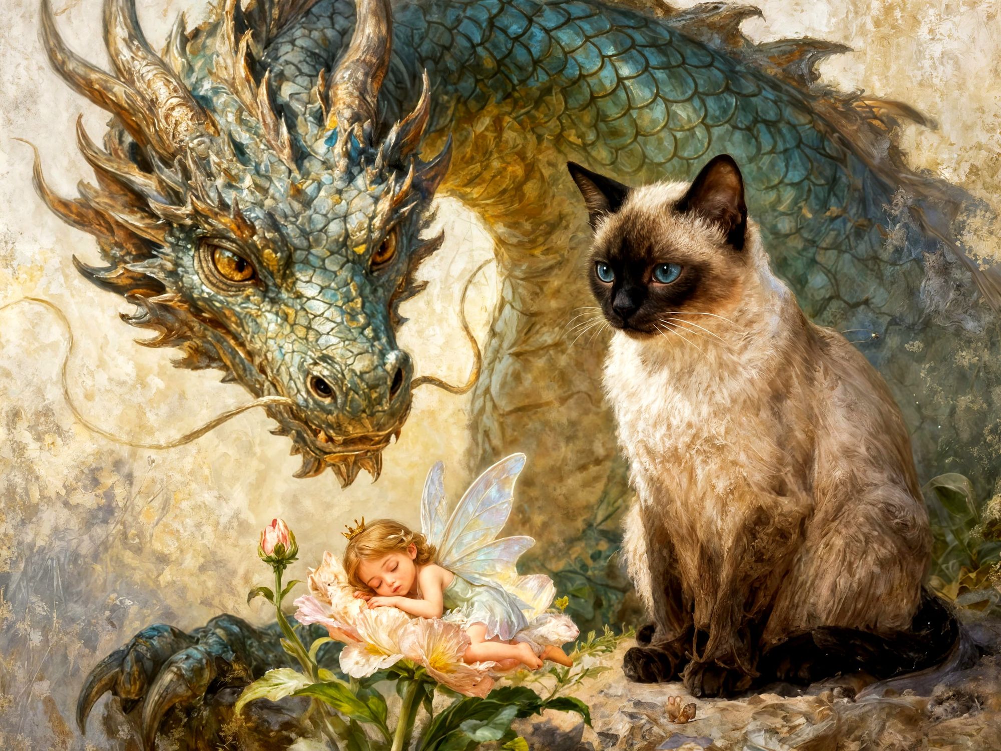 add fairy wing to the back of the cat. add a lilac flower on the bottom left of the image.