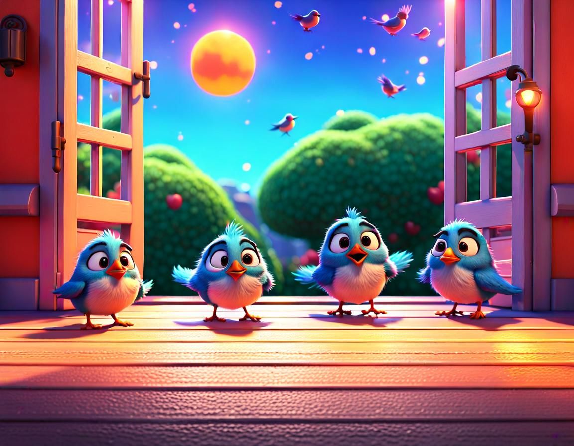 4 little birds, sit by my doorstep. AI Generated Artwork NightCafe