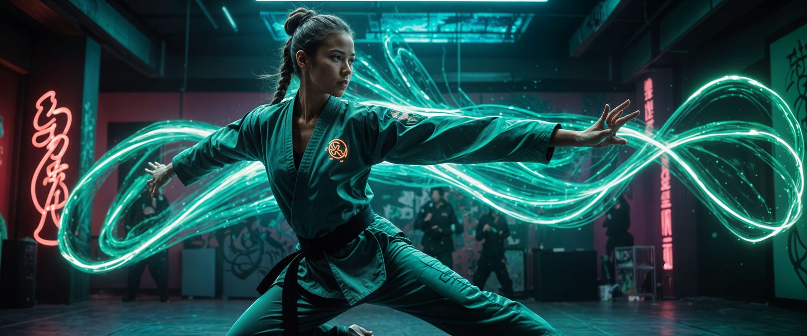 A female Karate fighter with a bioluminescent neon glow emanating from her opalescent skin, creating ...  by @earlstringerjr
