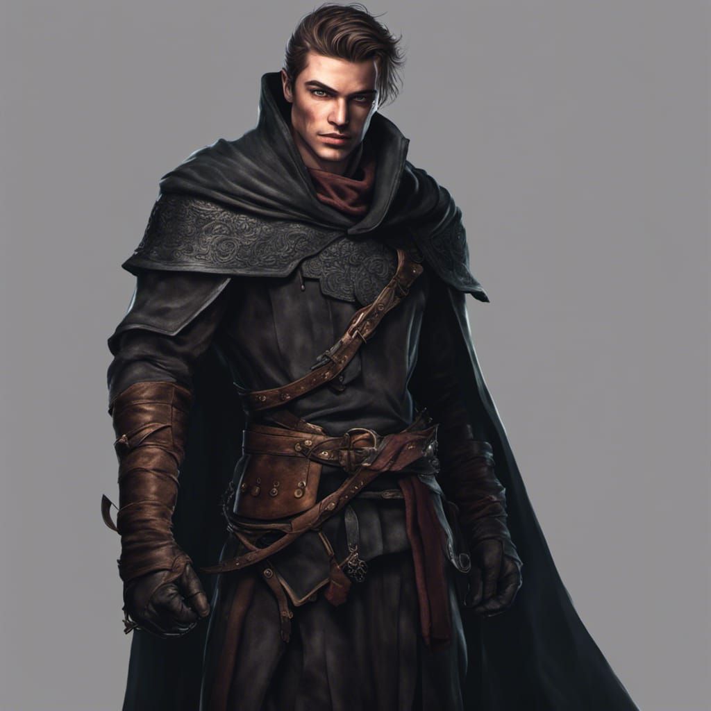 A male rogue dnd character 20 years old in dark cape without bristle ...