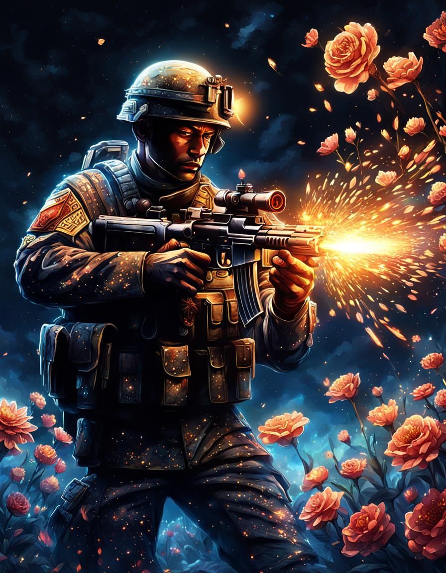 Ethereal Warrior Unleashes Divine Bloom in Darkened Night