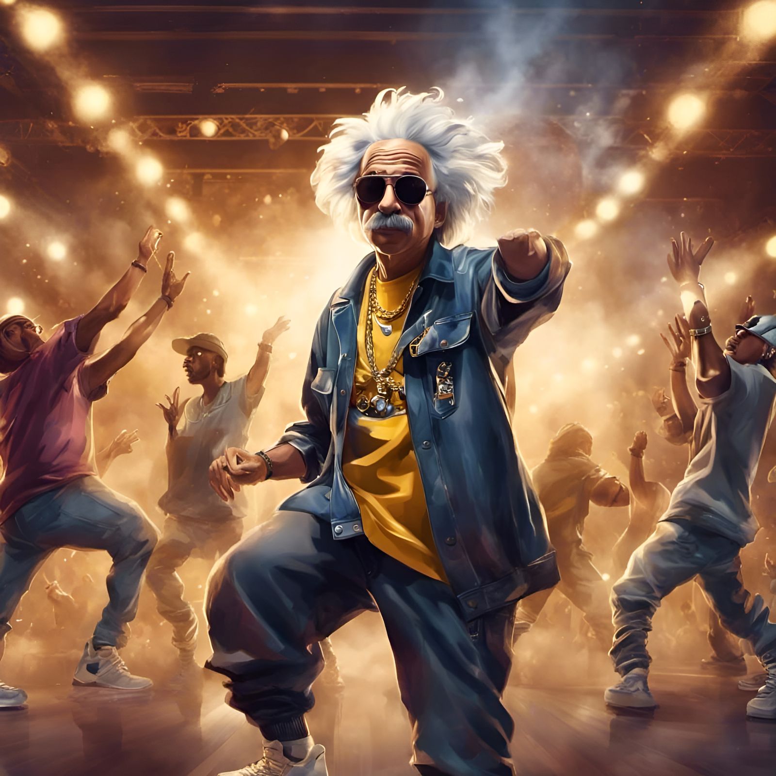 While Albert Einstein is tensing up and listening to the EMC group, he has an idea - physics is everywhere ...  by @Artificial Intelligence Artist