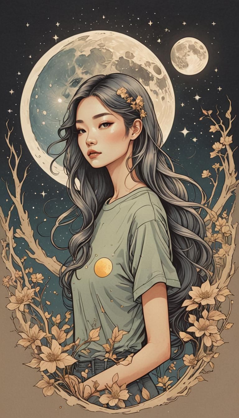 Moon-Themed T-Shirt Design in Audrey Kawasaki Style