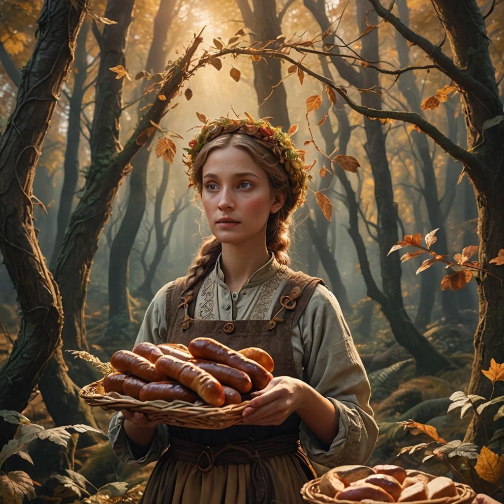 Woman with Bread and Sausage in Mystical Forest