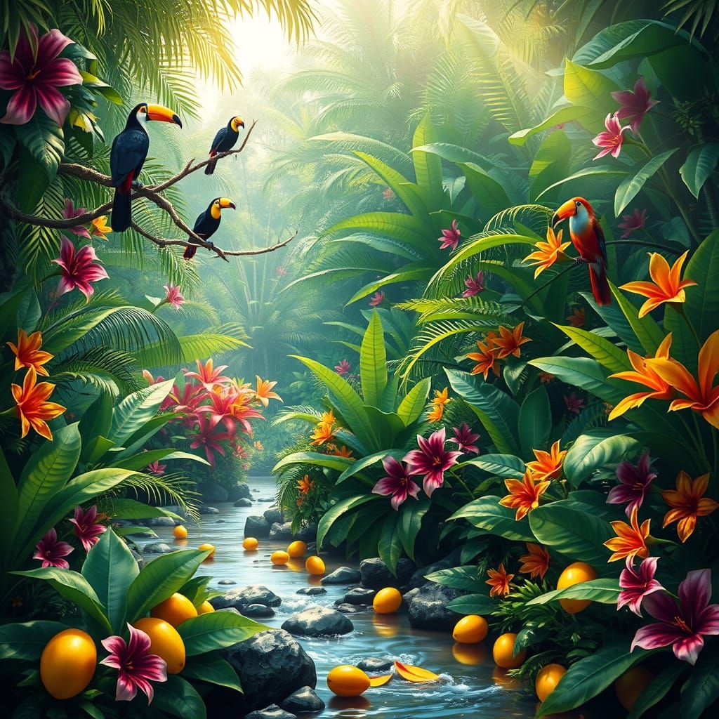 Vibrant Jungle Paradise with Exotic Birds and Tropical Fruit...