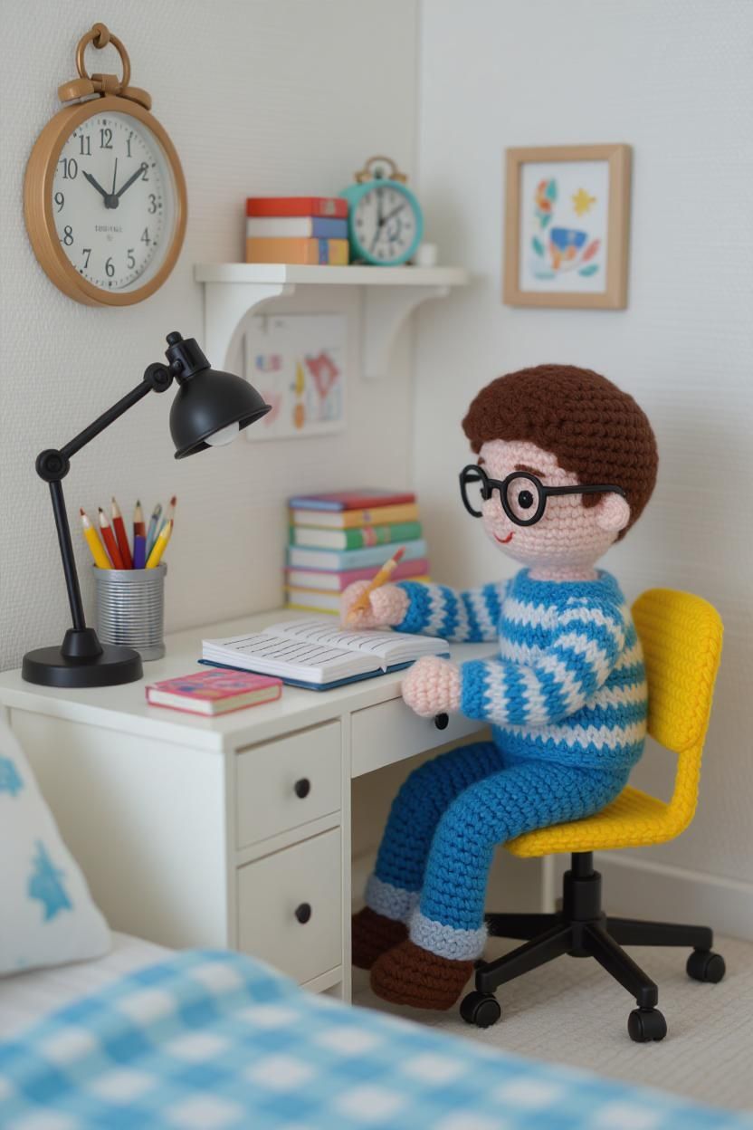 A miniature crochet bedroom setup with a little boy in glass...