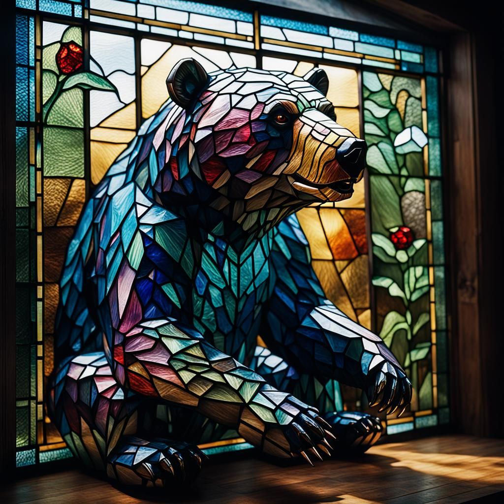 A photorealistic 3-D bear made completely from stained glass...