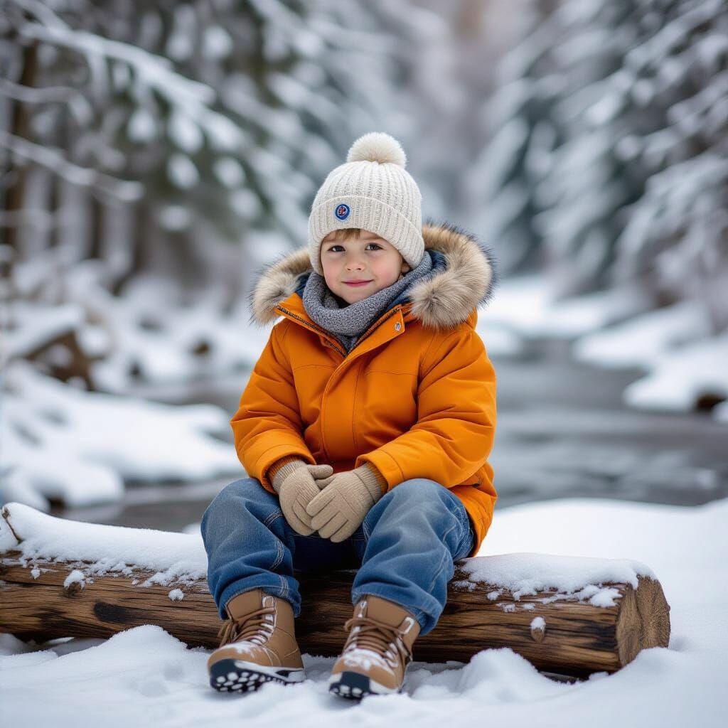 Sad Blond Boy Sits on Log by Lush River
