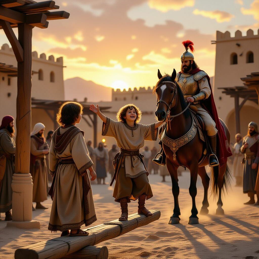 A medieval desert-style residential courtyard at sunset, still under construction. It is bustling with few servants at work and a few guards...