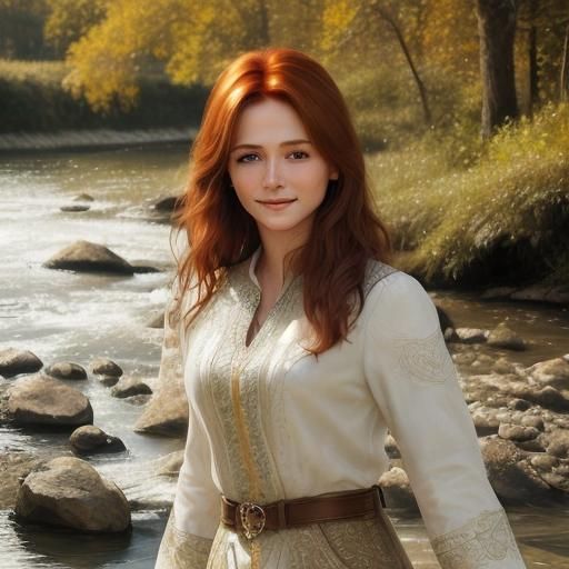 <lora:Face Add on:1.0>beautiful woman standing by river, gentle smile, brown hair, simple blouse
