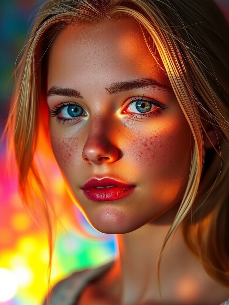 photorealistic insanely beautiful  blue-eyed freckled young Caucasian woman Hyperrealistic, splash art, concept art, mid shot, intricately d...