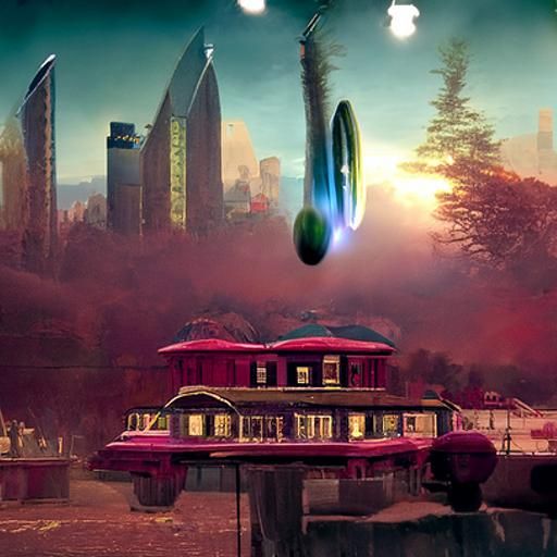 A ufo over a beautifully colored photoillustration of cyborg...