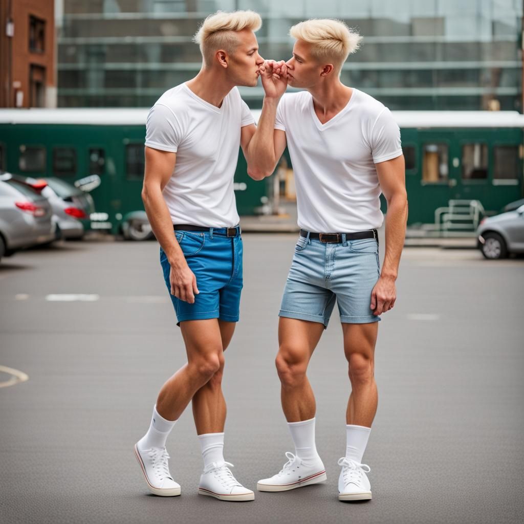 two, blonde, tall, gay guys in shorts and white socks and sneakers.  Kissing. - AI Generated Artwork - NightCafe Creator