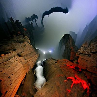 Dark hell canyon with fog