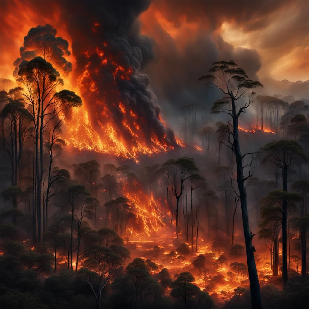 Violent bushfire raging through the forest