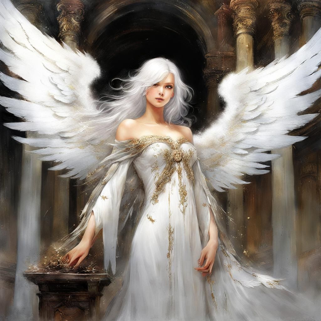 white hair anime angel (white wings):elaborate gown: head and shoulders ...