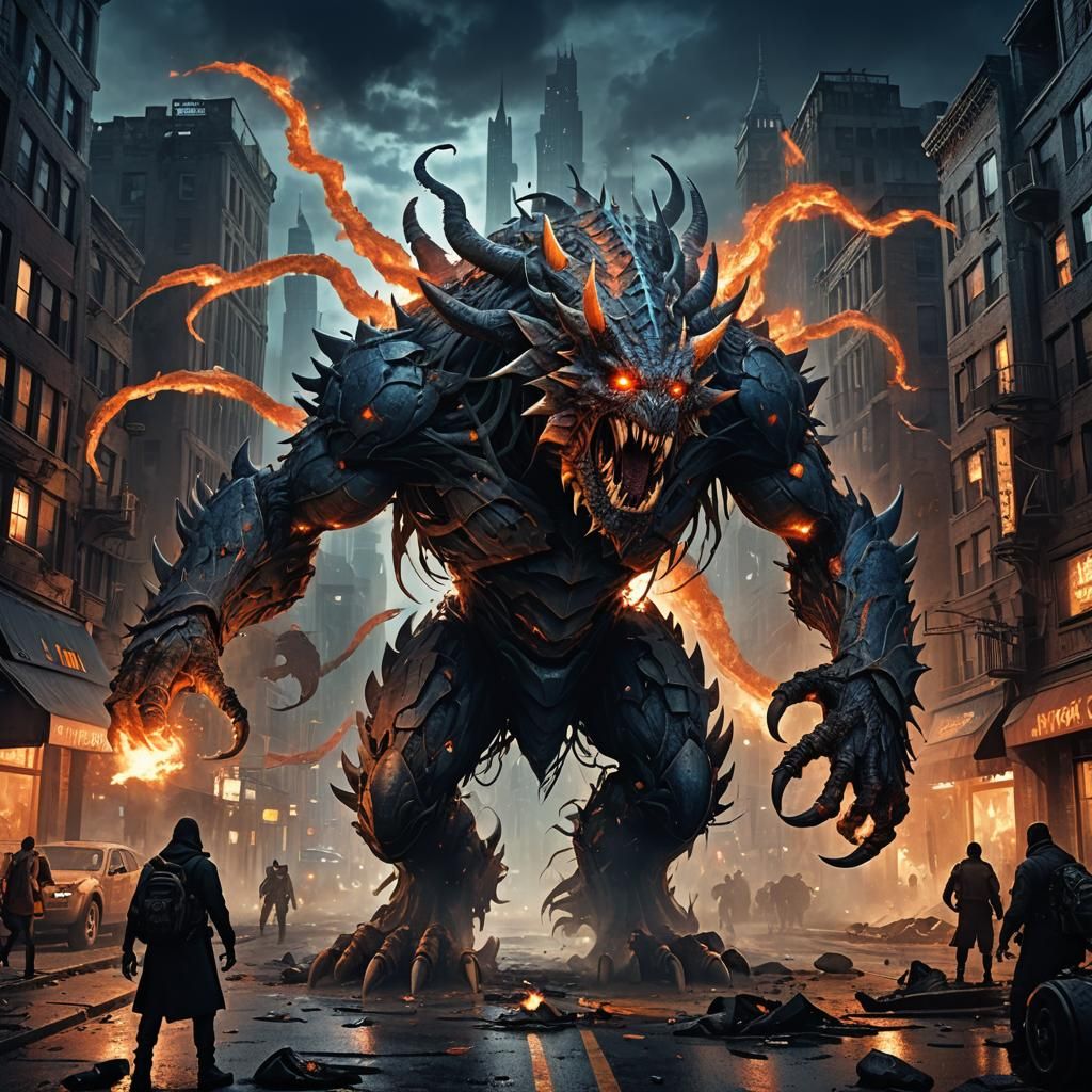 A huge multi-armed monstrous creature stalking a war torn ci...