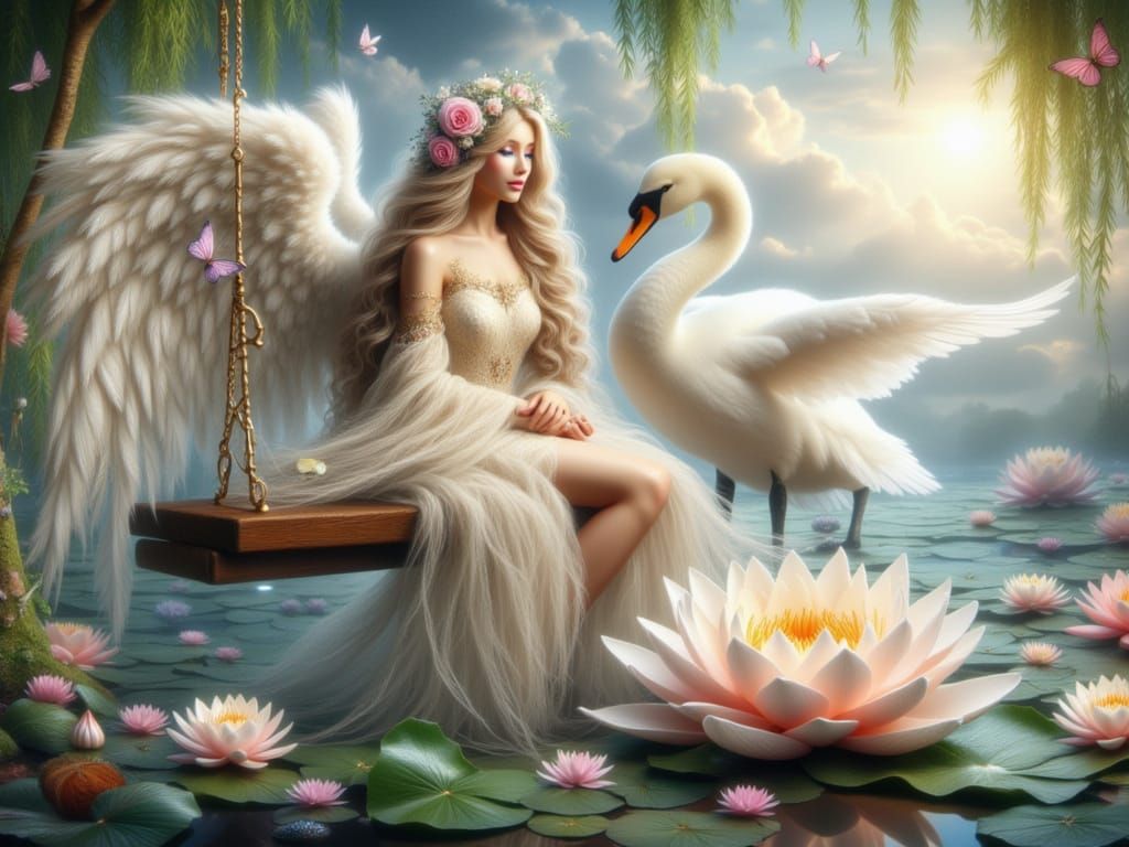 <lora:FiosCelestialBonds:1.0> Gabriella and her Swan friend