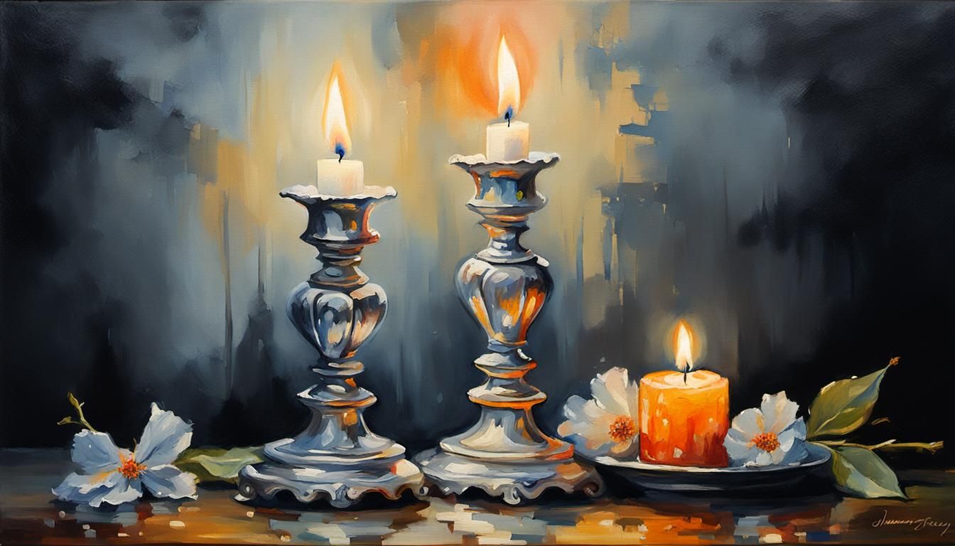 Antique Candlesticks in Gouache Style Oil Painting