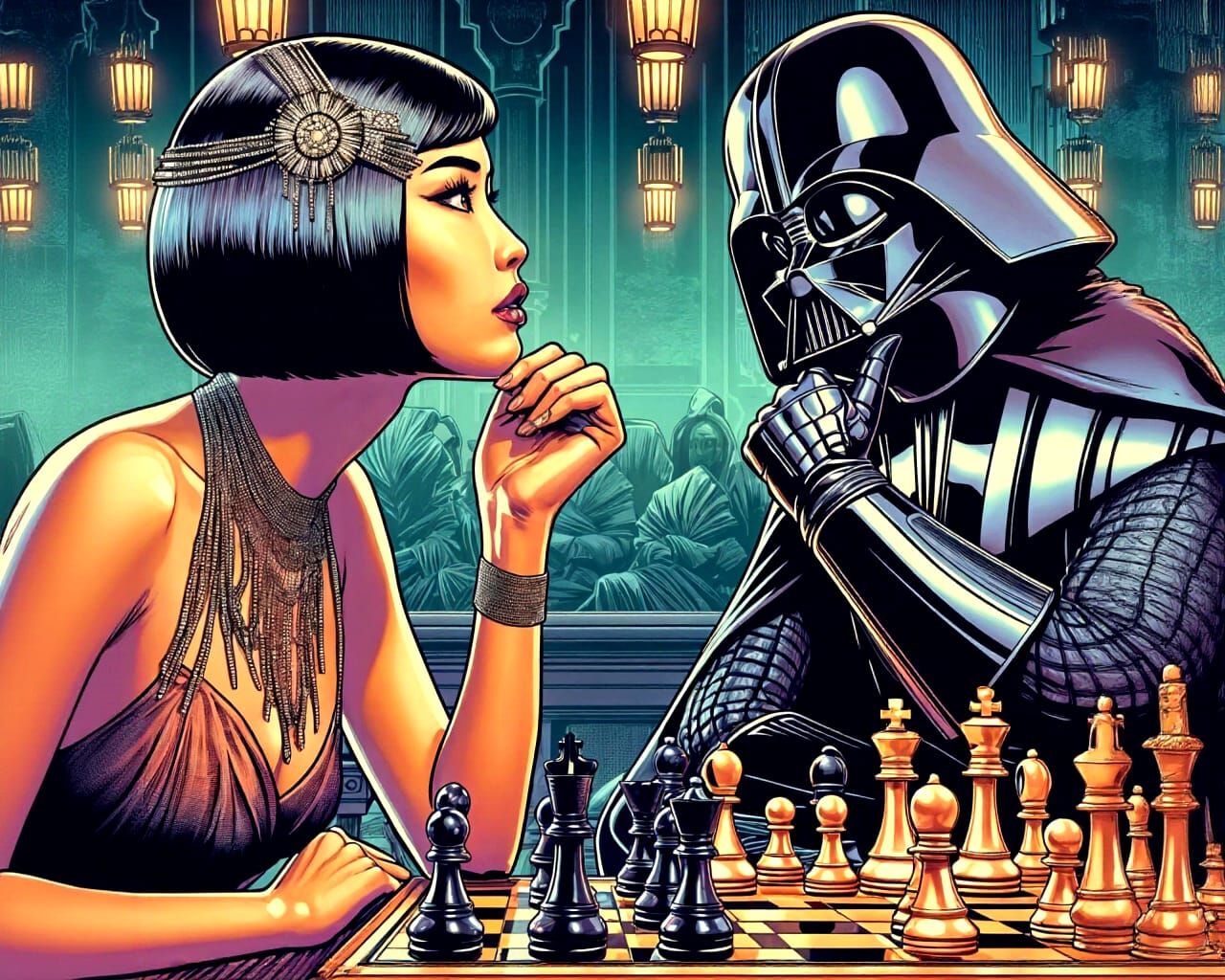 Beautiful flapper playing chess with Darth Vader