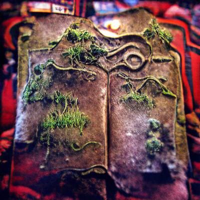 The mossy back cover of an ancient book of spells.