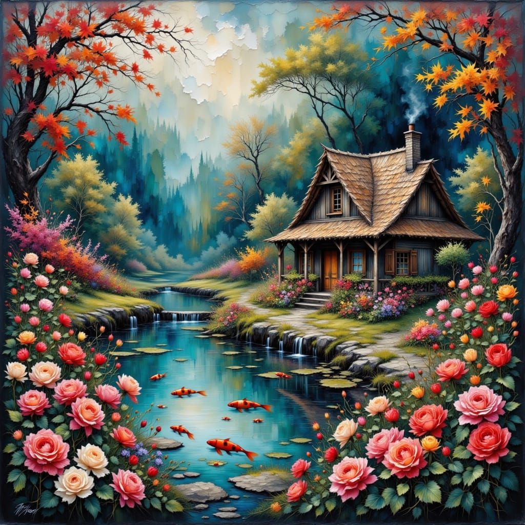Fairytale Flower Garden with Cottage and Koi Pond