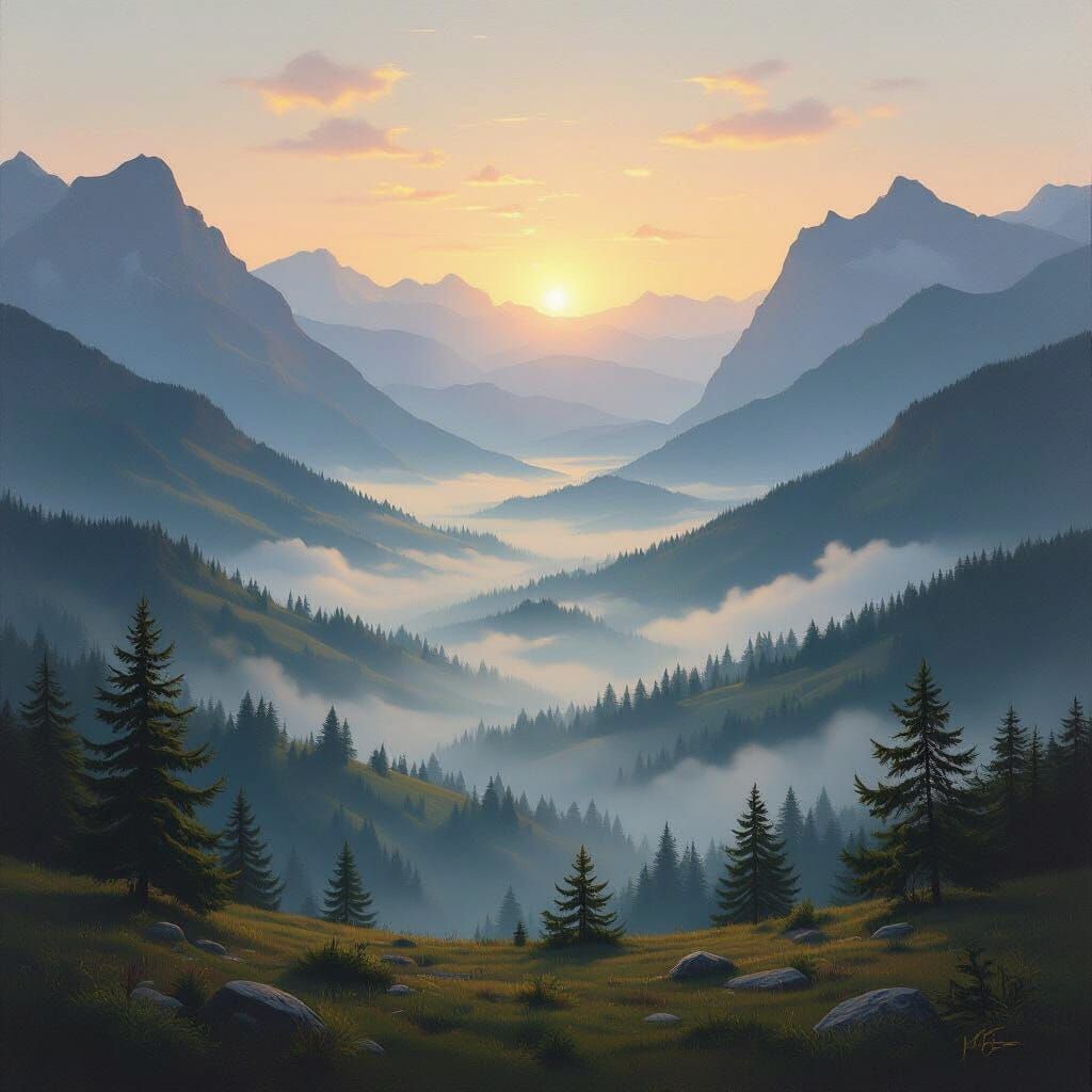 Serene Dawn Landscape Painting with Misty Valleys